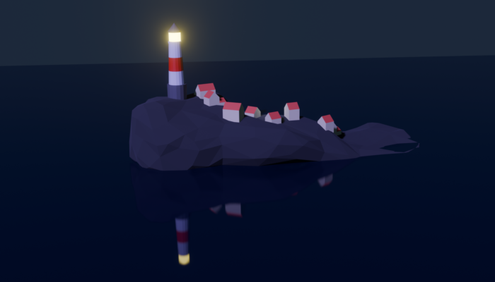 Low-poly lighthouse an a small rocky island